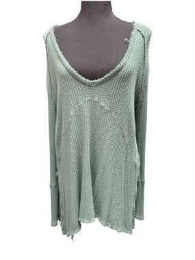 Free People Sage Green Distressed Knit Sweater Womens Boho Oversized Tunic